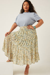 HY5928W Mint Plus Chiffon Floral Tiered Elastic Waist Midi Skirt Detail