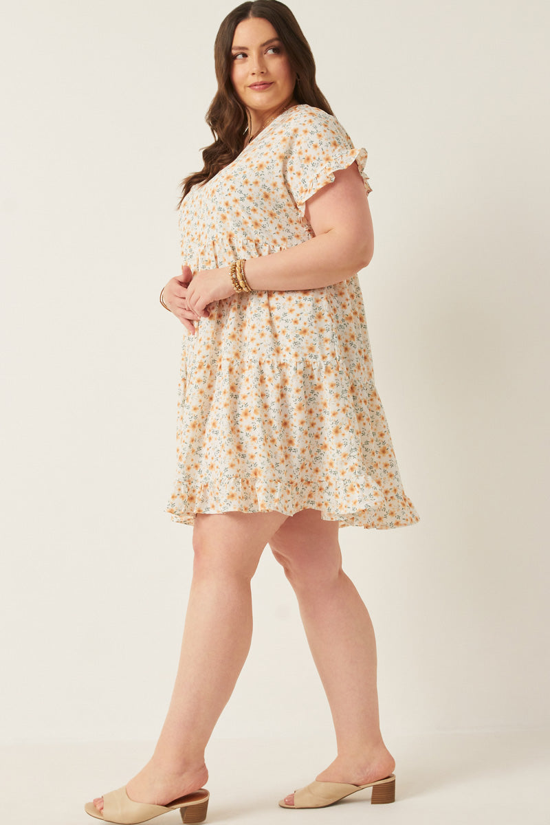 V-Neck Ruffle Short Sleeve Tiered Floral Dress