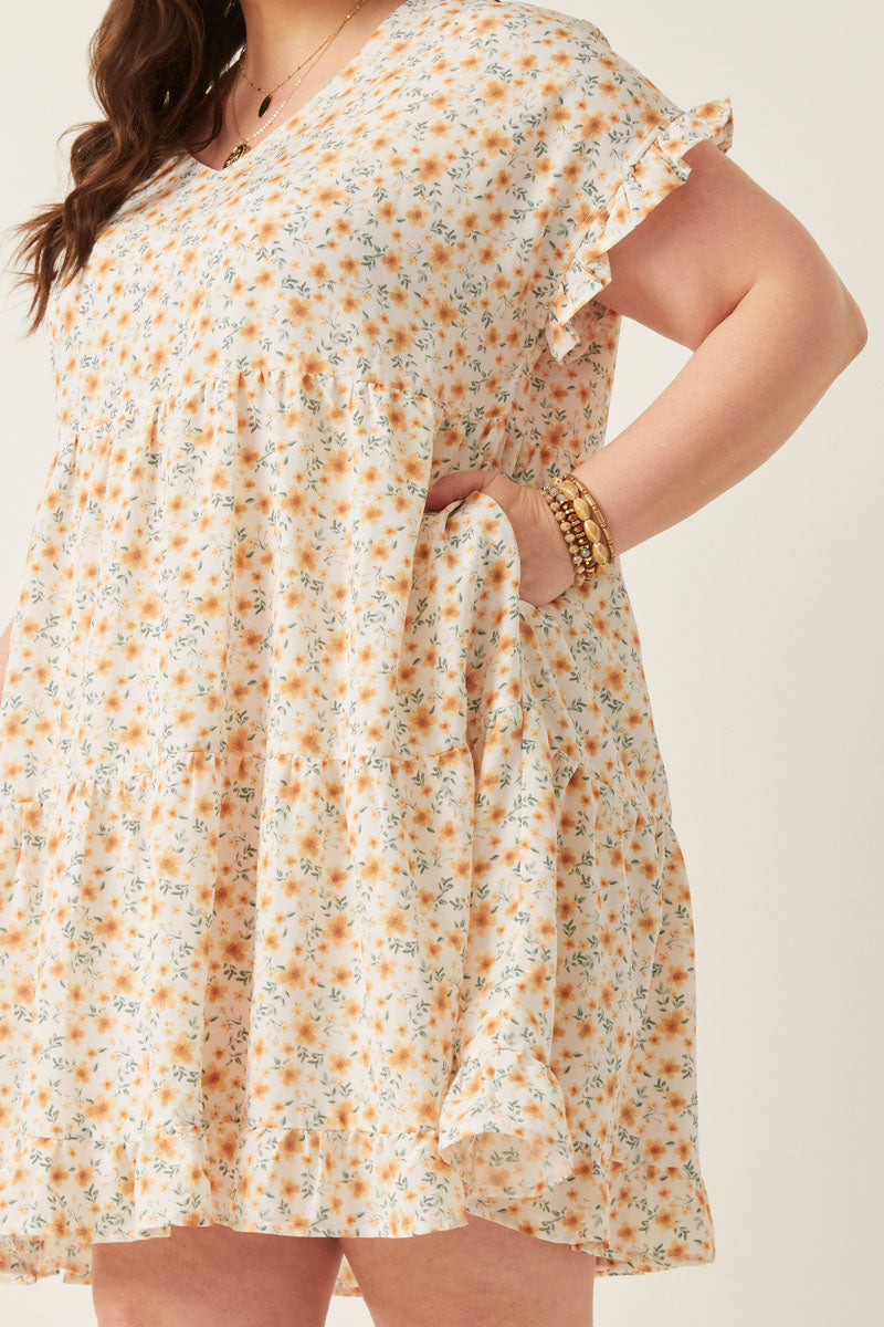 HY5939 Off White Womens V-Neck Ruffle Short Sleeve Tiered Floral Top Front