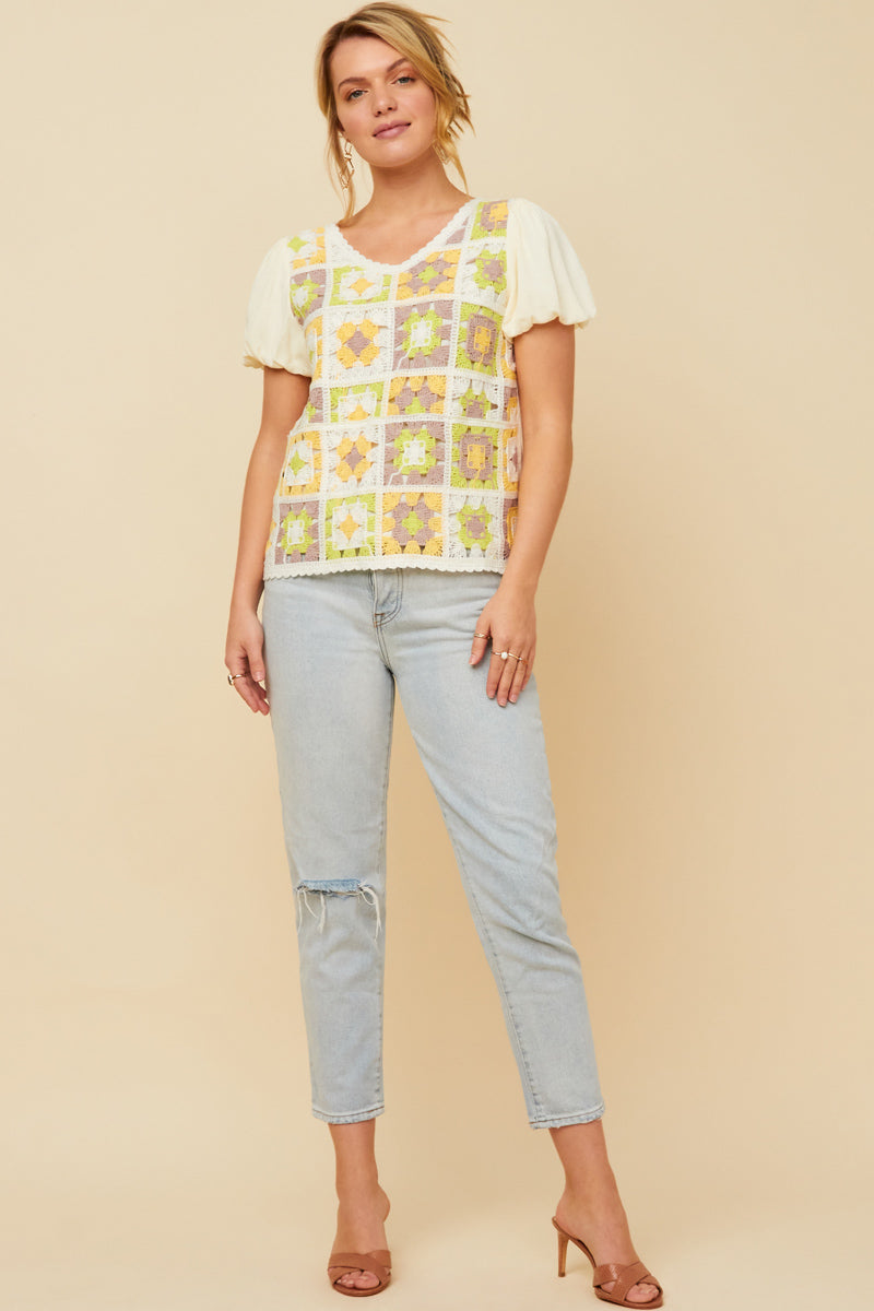 Crochet Quilted V Neck Puff Sleeve Top