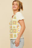 HY5948W Lime Plus Crochet Quilted V Neck Puff Sleeve Top Side