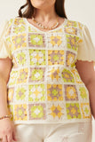 HY5948 Lime Womens Crochet Quilted V Neck Puff Sleeve Top Front