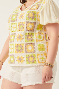 HY5948 Lime Womens Crochet Quilted V Neck Puff Sleeve Top Side