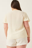 HY5948 Lime Womens Crochet Quilted V Neck Puff Sleeve Top Back