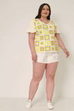 HY5948W Lime Plus Crochet Quilted V Neck Puff Sleeve Top Front