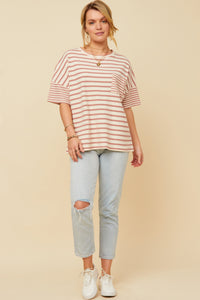 HY5958 Denim Womens Waffle Textured Mixed Stripe Oversize Knit Tee Full Body