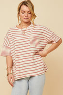 HY5958W Denim Plus Waffle Textured Mixed Stripe Oversize Knit Tee Gif