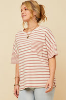 HY5958W Denim Plus Waffle Textured Mixed Stripe Oversize Knit Tee Front