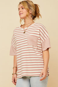 HY5958W Denim Plus Waffle Textured Mixed Stripe Oversize Knit Tee Front