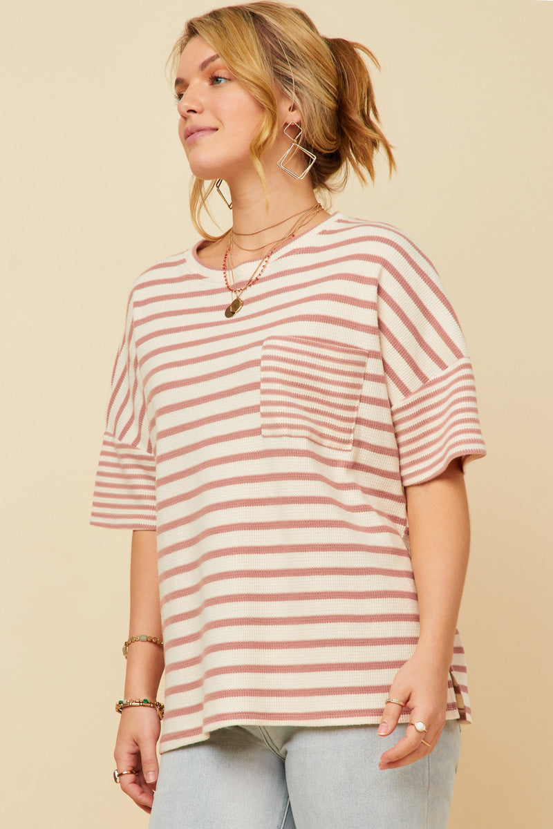 HY5958W Denim Plus Waffle Textured Mixed Stripe Oversize Knit Tee Front
