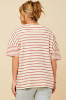 HY5958W Denim Plus Waffle Textured Mixed Stripe Oversize Knit Tee Side