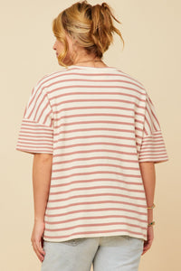 HY5958W Denim Plus Waffle Textured Mixed Stripe Oversize Knit Tee Side