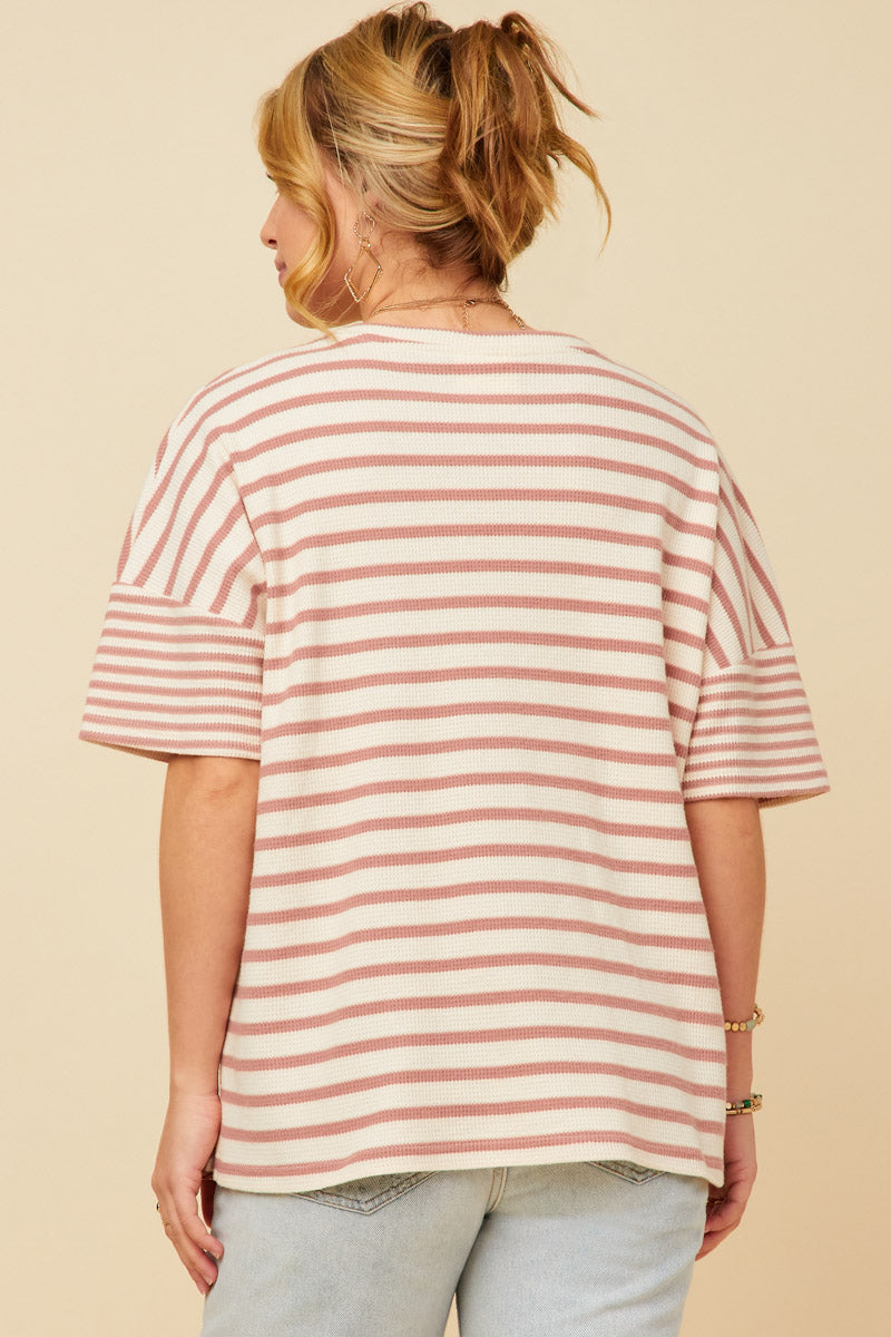 HY5958W Denim Plus Waffle Textured Mixed Stripe Oversize Knit Tee Side