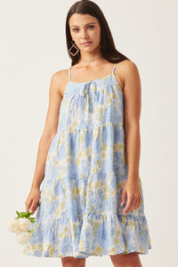 HY5966 Blue Mix Womens Front Tie Textured Floral Tiered Tank Dress Front