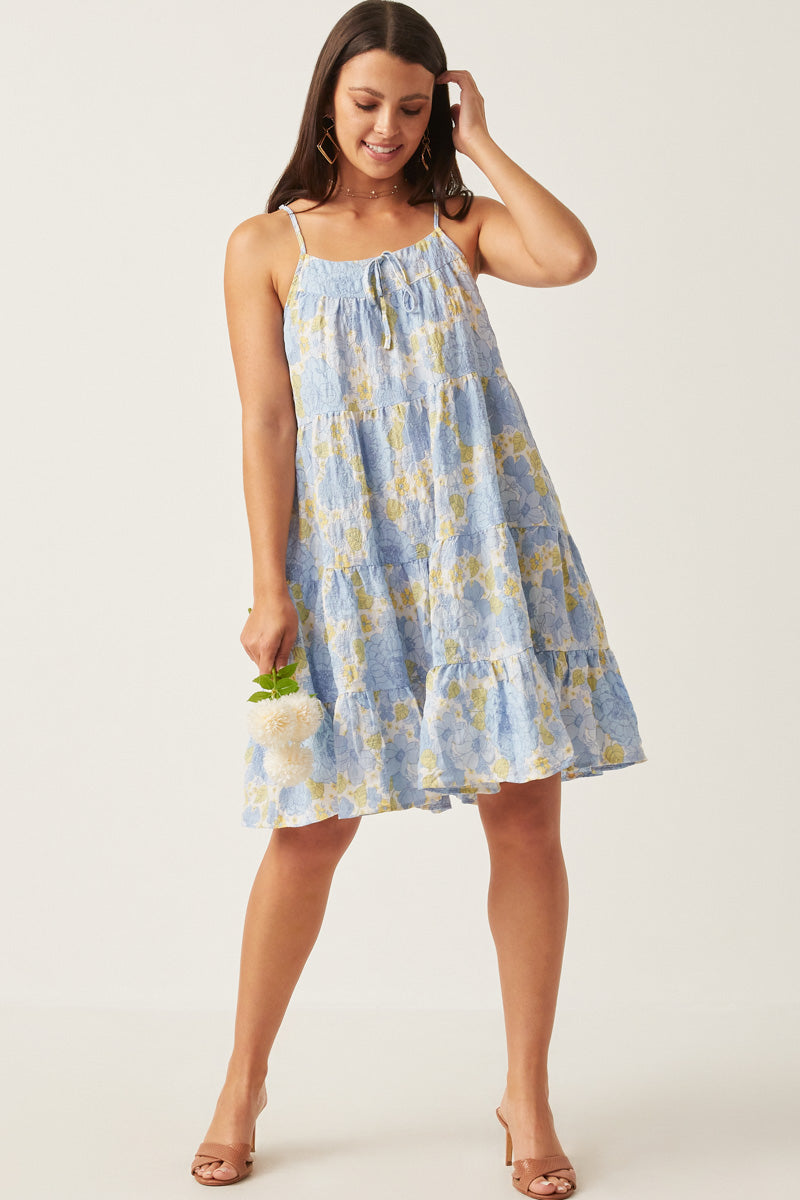 HY5966W Blue Mix Plus Front Tie Textured Floral Tiered Tank Dress Full Body