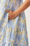 HY5966W Blue Mix Plus Front Tie Textured Floral Tiered Tank Dress Detail