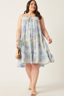 HY5966W Pink Mix Plus Front Tie Textured Floral Tiered Tank Dress Pose