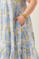 HY5966 Blue Mix Womens Front Tie Textured Floral Tiered Tank Dress Full Body