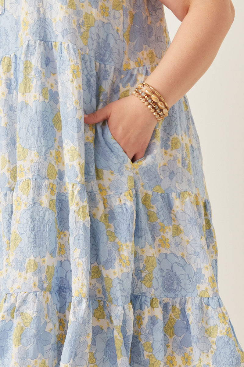 HY5966 Blue Mix Womens Front Tie Textured Floral Tiered Tank Dress Full Body