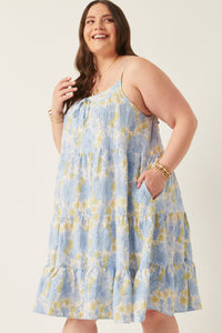 HY5966W Blue Mix Plus Front Tie Textured Floral Tiered Tank Dress Front