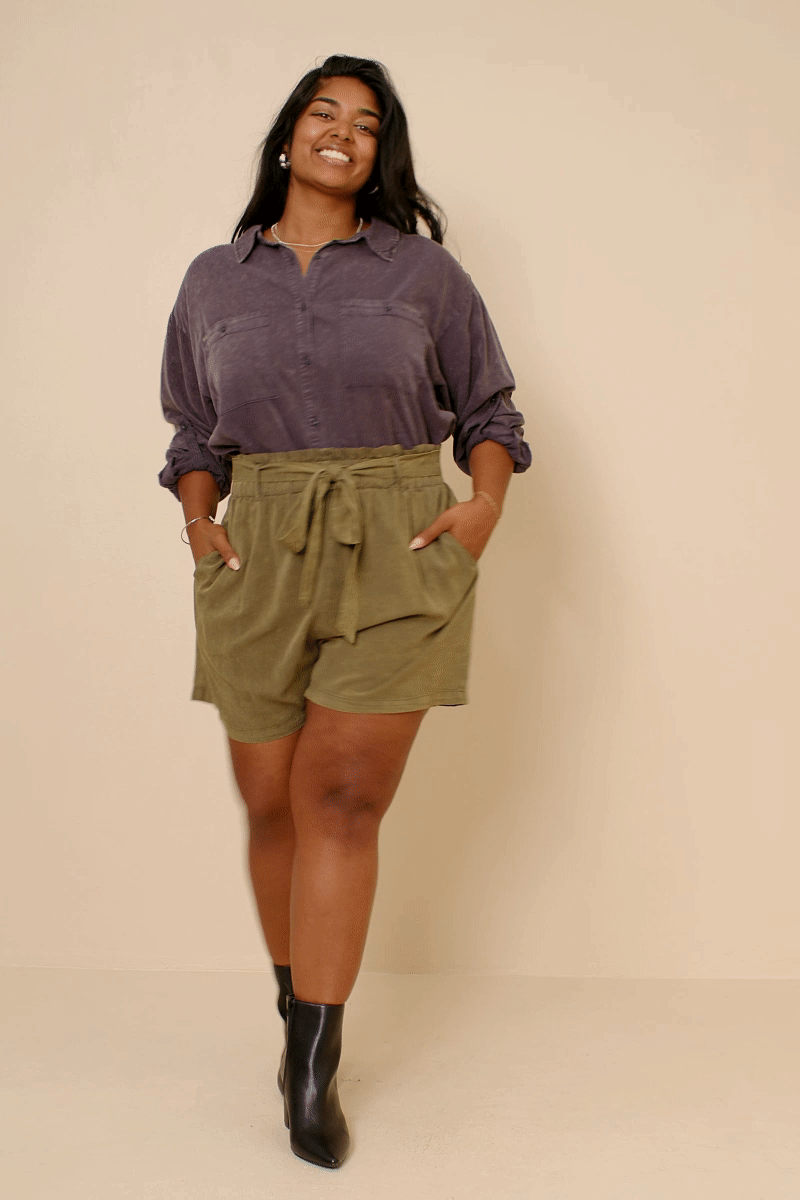 HY5973 Taupe Womens Garment Dyed Tencel Paperbag Shorts Back