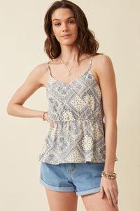 HY5980W Oatmeal Plus Textured Antique Quilt Print Surplice Cami Gif