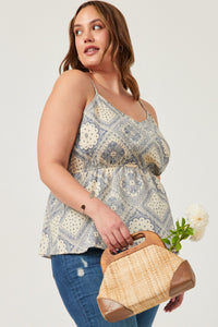 HY5980 Oatmeal Womens Textured Antique Quilt Print Surplice Cami Back