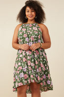 HY5984W Olive Plus Romantic Floral Halter Neck Tiered Midi Dress Front