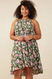 HY5984W Olive Plus Romantic Floral Halter Neck Tiered Midi Dress Front