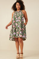 HY5984W Olive Plus Romantic Floral Halter Neck Tiered Midi Dress Gif