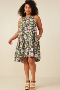 HY5984W Olive Plus Romantic Floral Halter Neck Tiered Midi Dress Gif