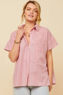 HY5998W Red Plus Contrast Stripe Pocket Oversized Short Sleeve Shirt Front