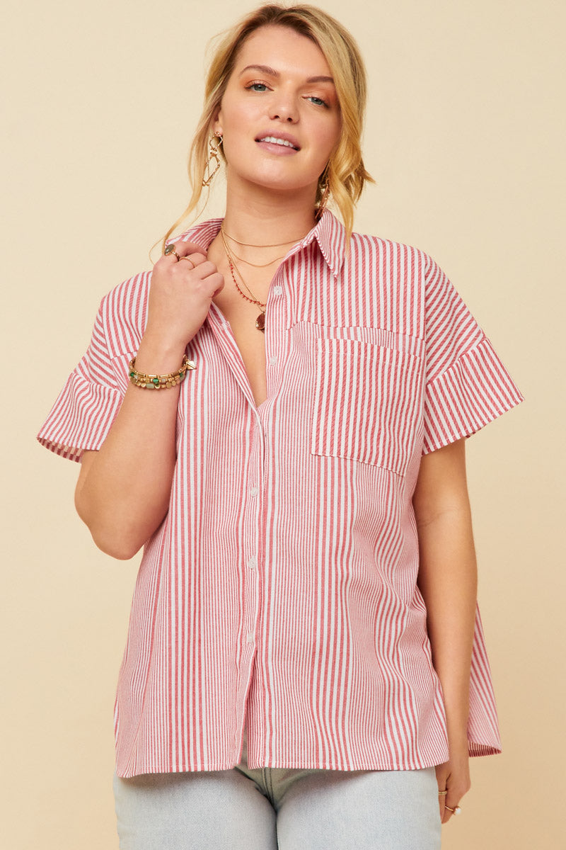 HY5998W Red Plus Contrast Stripe Pocket Oversized Short Sleeve Shirt Front