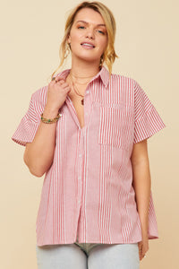 HY5998W Red Plus Contrast Stripe Pocket Oversized Short Sleeve Shirt Front