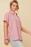 HY5998W Red Plus Contrast Stripe Pocket Oversized Short Sleeve Shirt Gif
