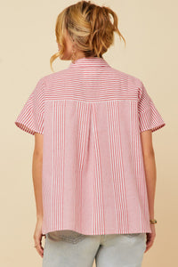 HY5998W Red Plus Contrast Stripe Pocket Oversized Short Sleeve Shirt Detail