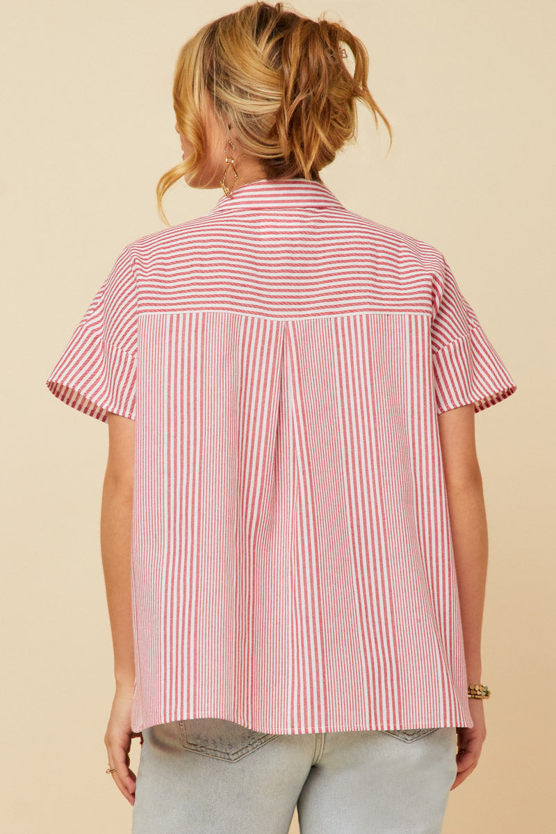 HY5998W Red Plus Contrast Stripe Pocket Oversized Short Sleeve Shirt Detail