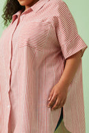 HY5998W Red Plus Contrast Stripe Pocket Oversized Short Sleeve Shirt Front
