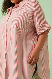 HY5998W Red Plus Contrast Stripe Pocket Oversized Short Sleeve Shirt Front
