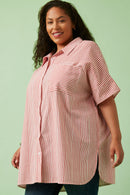 HY5998 Red Womens Contrast Stripe Pocked Oversized Short Sleeve Shirt Front