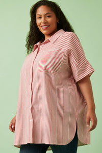 HY5998 Red Womens Contrast Stripe Pocked Oversized Short Sleeve Shirt Front