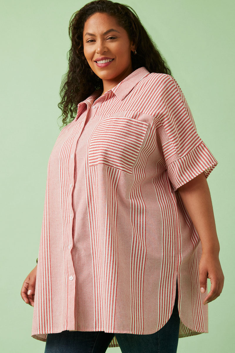 HY5998 Red Womens Contrast Stripe Pocked Oversized Short Sleeve Shirt Front