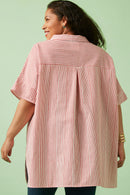 HY5998 Red Womens Contrast Stripe Pocked Oversized Short Sleeve Shirt Side