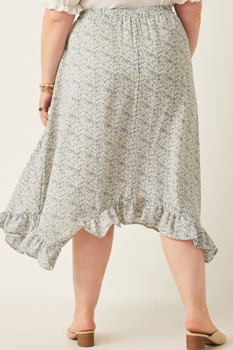 HY6001 Blue Womens Ditsy Floral Ruffled Handkerchief Hem Skirt Back
