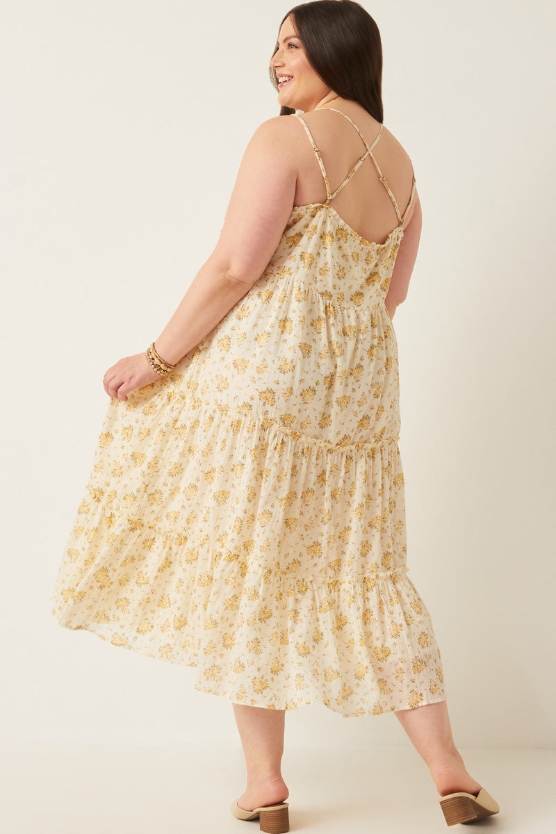 HY6011W Yellow Plus Textured Lace Detail Strappy Back Dress Back