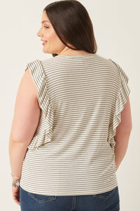 HY6018W Off White Plus Ribbed Stripe Ruffled Tank Front