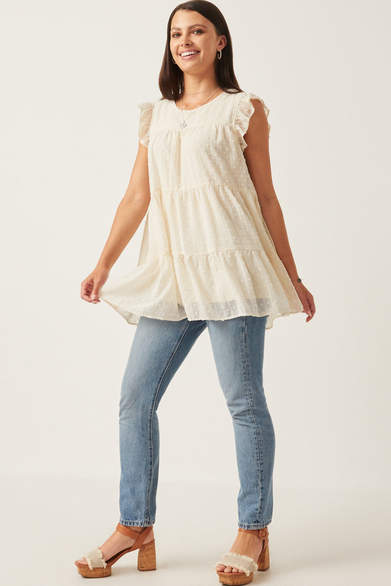 HY6052W Cream Plus Textured Stripe Swiss Dot Ruffled Tiered Top Detail