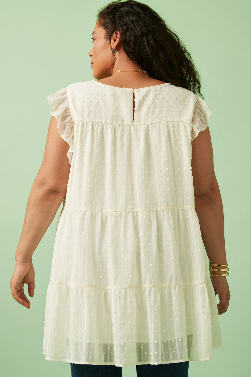 HY6052 Cream Womens Textured Stripe Swiss Dot Ruffled Tiered Top Side