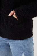 HY6085 Black Womens Fuzzy Popcorn Knit Button Up Collared Sweater Cardigan Back