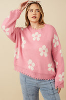 HY6090 Pink Mix Womens Distressed Floral Patterned Pullover Sweater Front